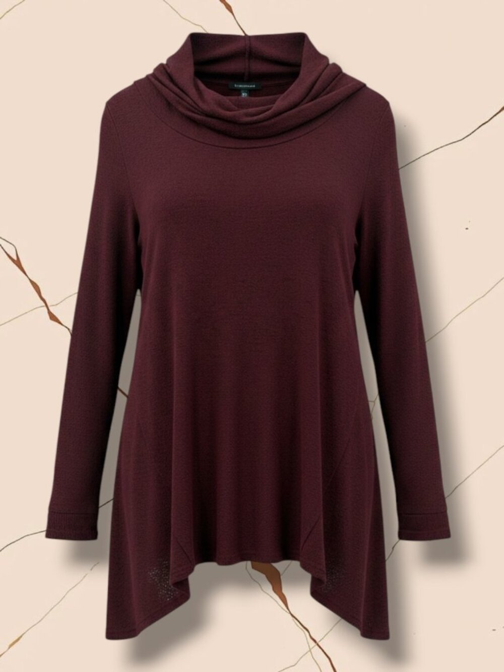 Max & Mia Burgundy Cowl Neck Handkerchief Hem Knit Top L